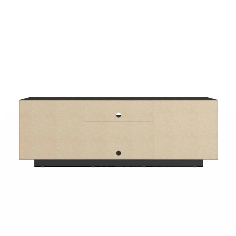Meuble TV moderne avec portes à motifs, étagères ouvertes, rangement, bois naturel chêne, blanc antique