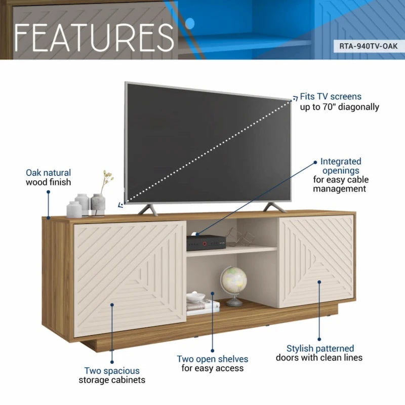 Meuble TV moderne avec portes à motifs, étagères ouvertes, rangement, bois naturel chêne, blanc antique