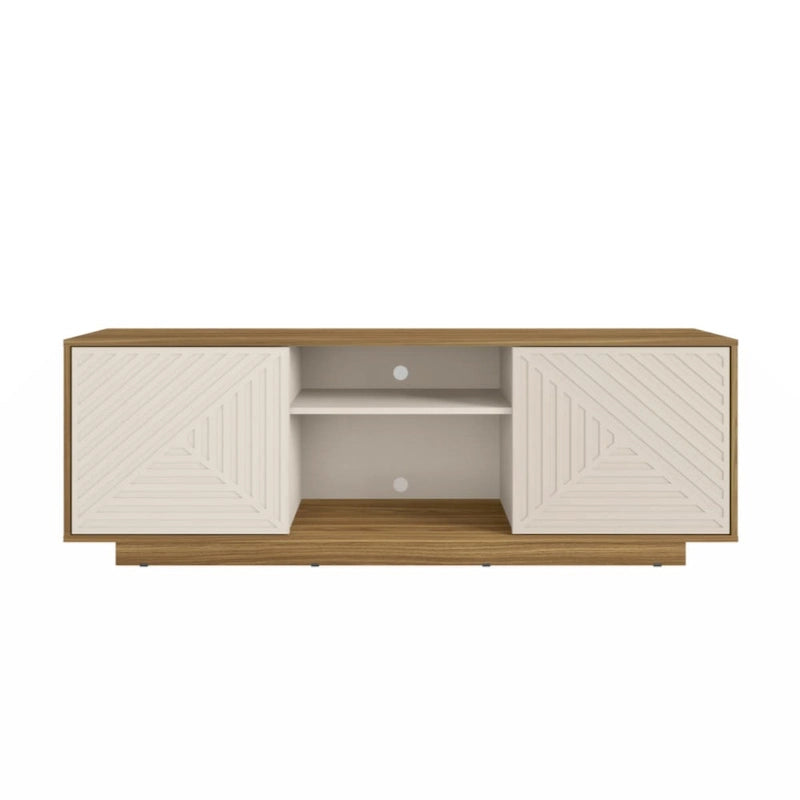 Meuble TV moderne avec portes à motifs, étagères ouvertes, rangement, bois naturel chêne, blanc antique