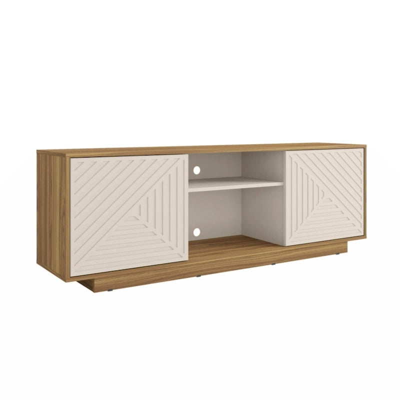 Meuble TV moderne avec portes à motifs, étagères ouvertes, rangement, bois naturel chêne, blanc antique
