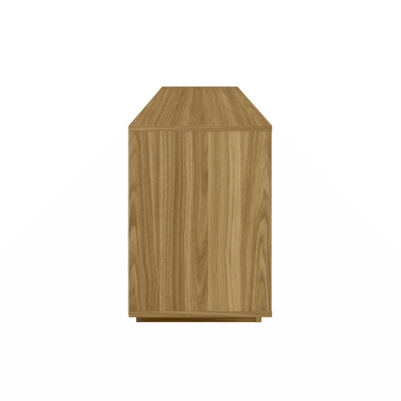 Meuble TV moderne avec portes à motifs, étagères ouvertes, rangement, bois naturel chêne, blanc antique