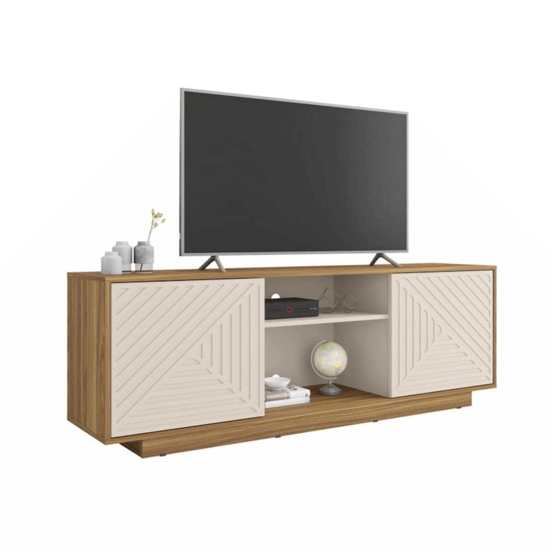 Meuble TV moderne avec portes à motifs, étagères ouvertes, rangement, bois naturel chêne, blanc antique