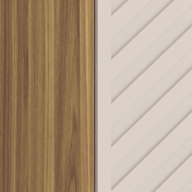 Meuble TV moderne avec portes à motifs, étagères ouvertes, rangement, bois naturel chêne, blanc antique
