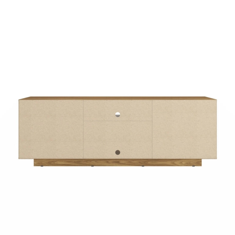 Meuble TV moderne avec portes à motifs, étagères ouvertes, rangement, bois naturel chêne, blanc antique
