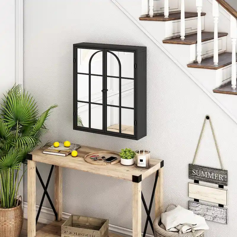 Armoire de rangement murale à miroir double porte noire verte rétro