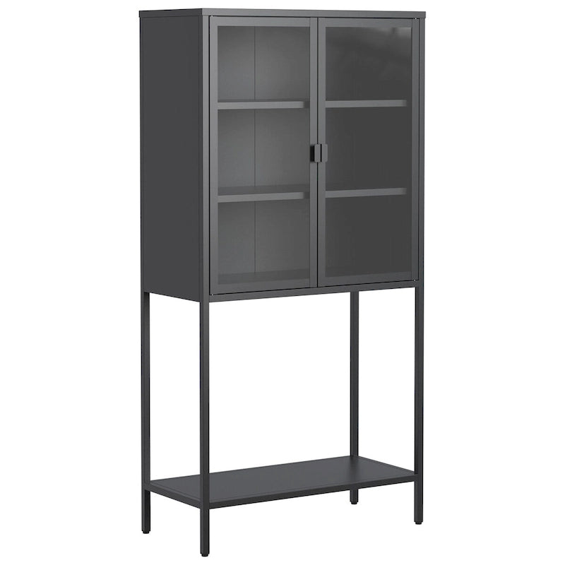 Meuble de rangement et de présentation autoportant en métal noir et verre avec étagères réglables