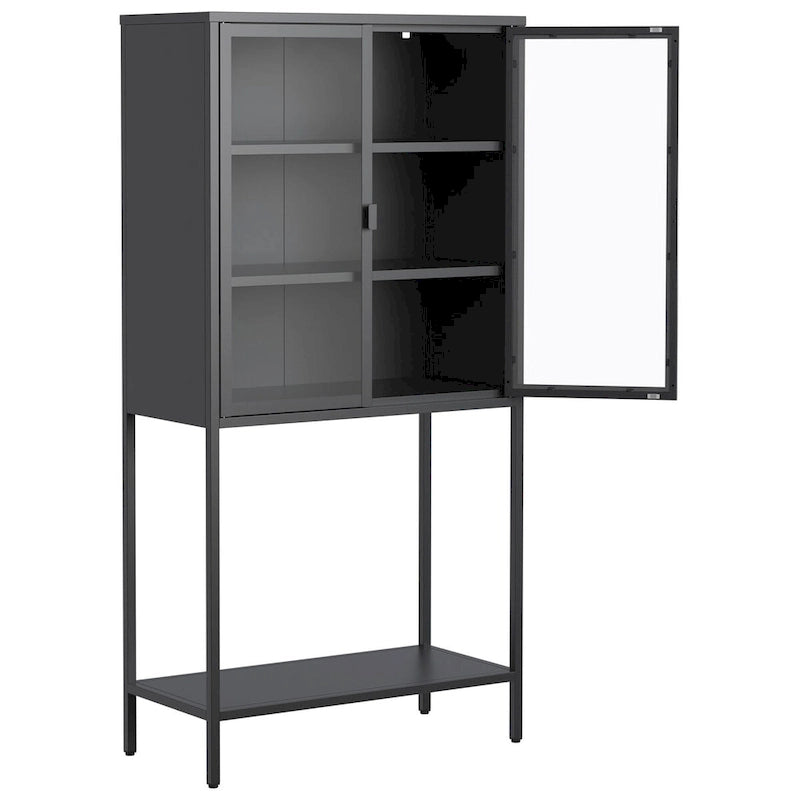 Meuble de rangement et de présentation autoportant en métal noir et verre avec étagères réglables