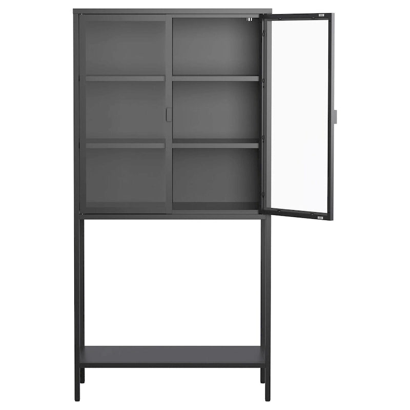 Meuble de rangement et de présentation autoportant en métal noir et verre avec étagères réglables