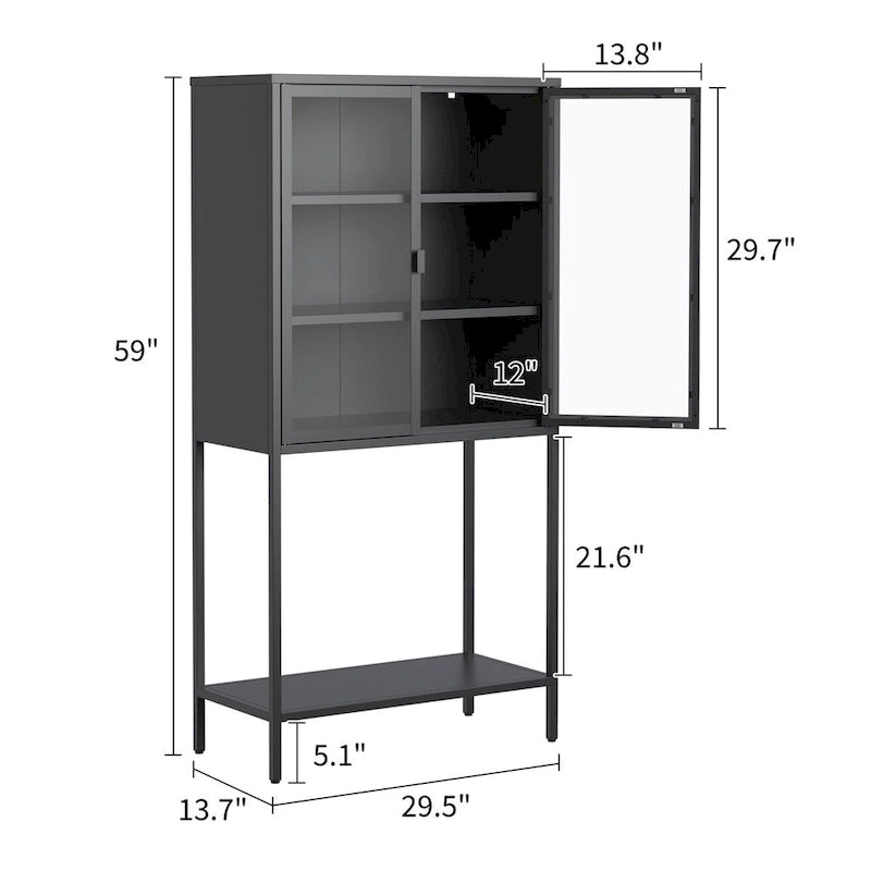Meuble de rangement et de présentation autoportant en métal noir et verre avec étagères réglables
