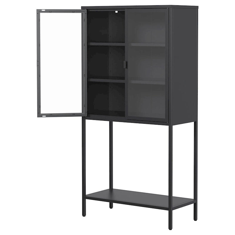 Meuble de rangement et de présentation autoportant en métal noir et verre avec étagères réglables