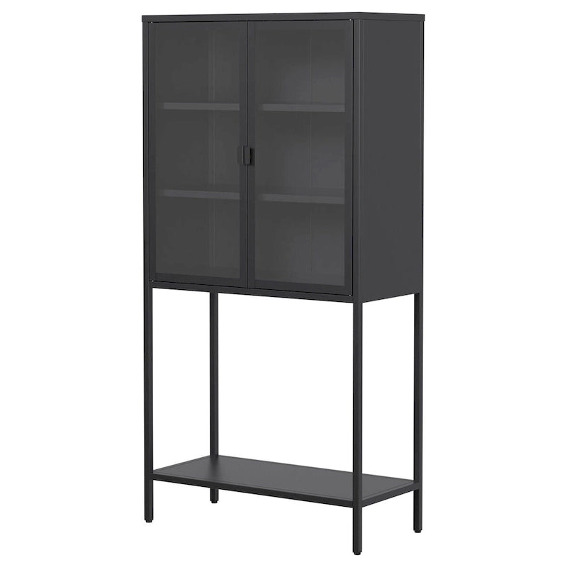 Meuble de rangement et de présentation autoportant en métal noir et verre avec étagères réglables