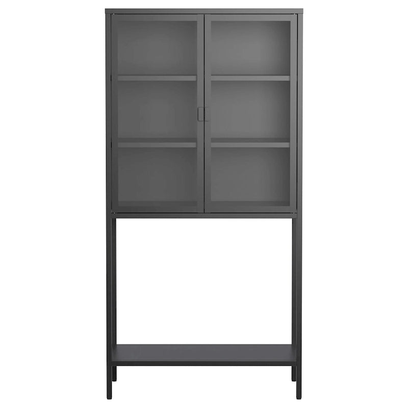 Meuble de rangement et de présentation autoportant en métal noir et verre avec étagères réglables