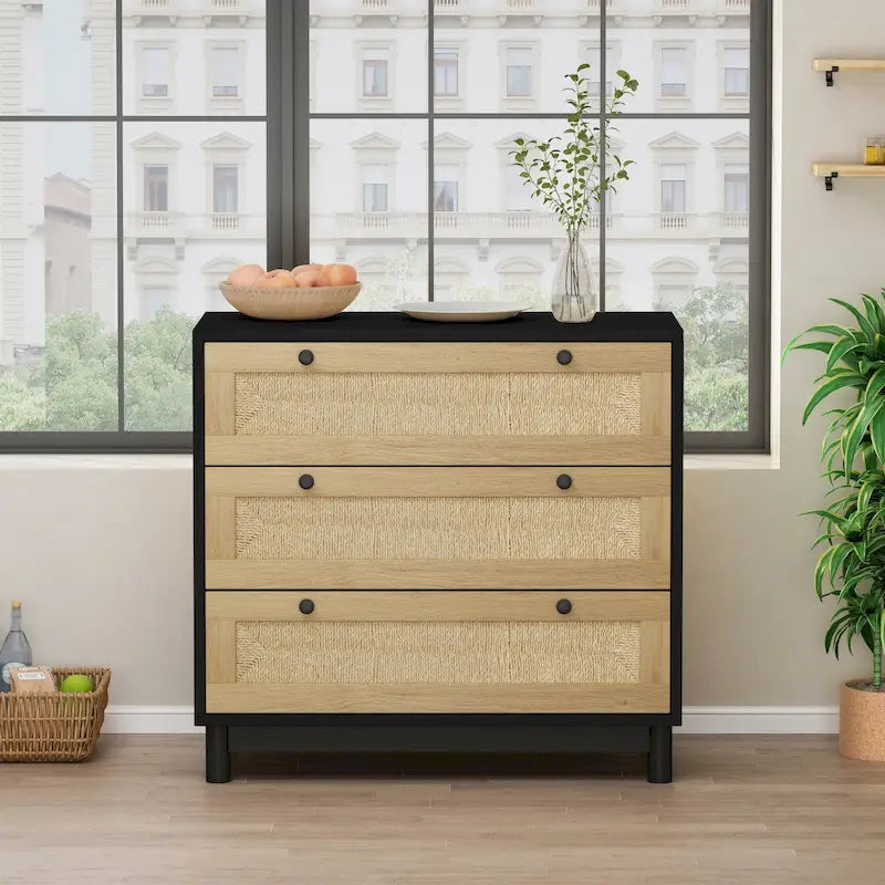 Commode de rangement à 3 tiroirs en rotin tressé, style bohème noir et naturel