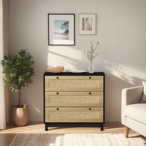 Commode de rangement à 3 tiroirs en rotin tressé, style bohème noir et naturel