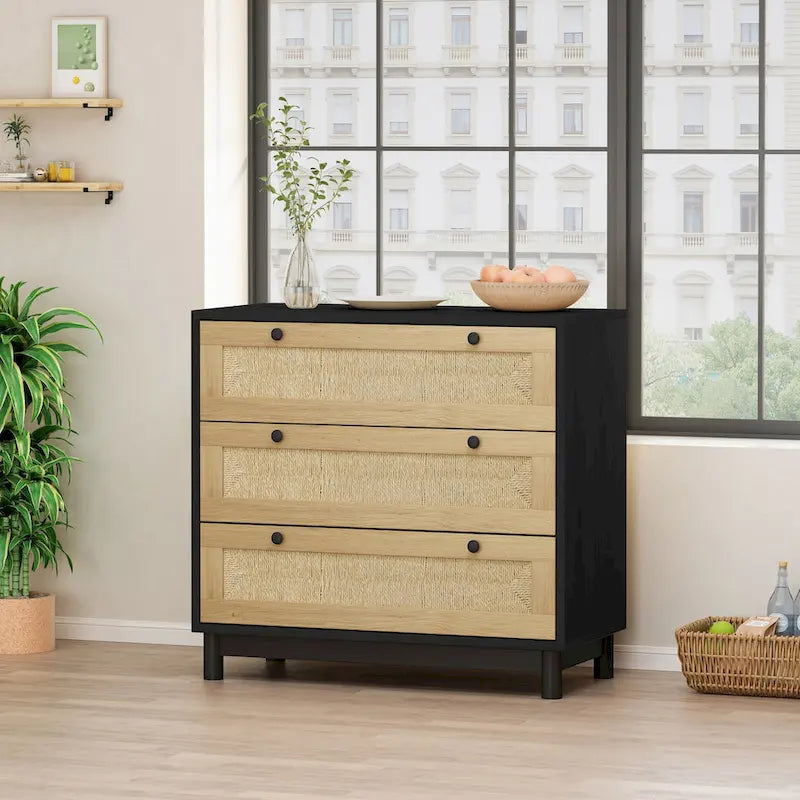Commode de rangement à 3 tiroirs en rotin tressé, style bohème noir et naturel