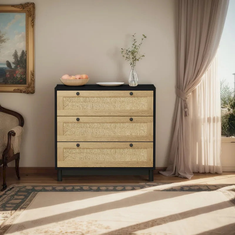 Commode de rangement à 3 tiroirs en rotin tressé, style bohème noir et naturel