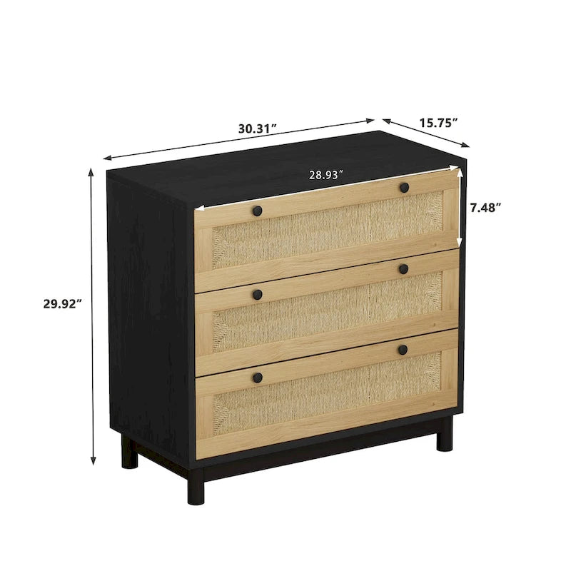 Commode de rangement à 3 tiroirs en rotin tressé, style bohème noir et naturel