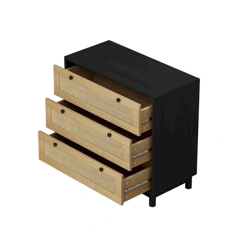 Commode de rangement à 3 tiroirs en rotin tressé, style bohème noir et naturel