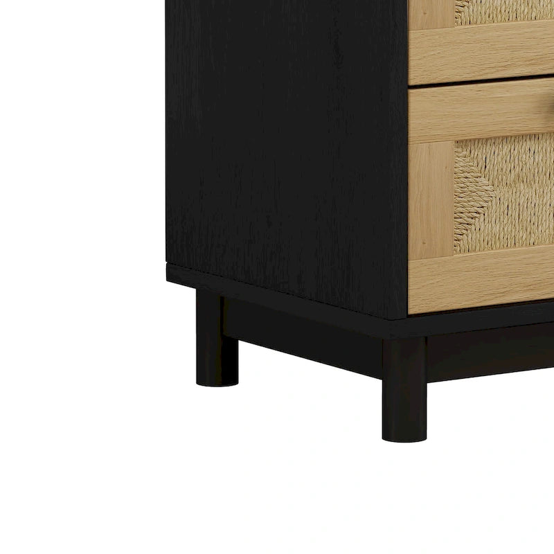 Commode de rangement à 3 tiroirs en rotin tressé, style bohème noir et naturel