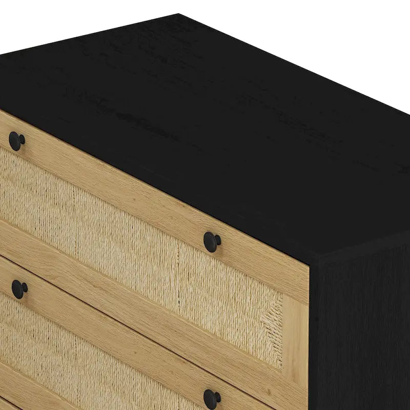 Commode de rangement à 3 tiroirs en rotin tressé, style bohème noir et naturel