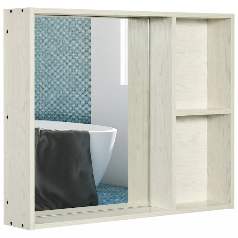Armoire de toilette murale aspect bois blanc avec étagères latérales ouvertes