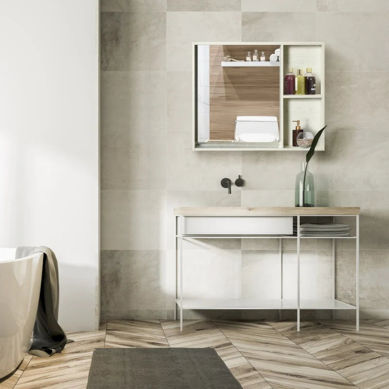 Armoire de toilette murale aspect bois blanc avec étagères latérales ouvertes