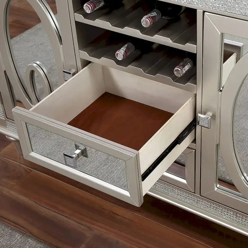 Bahut de salle à manger Glamour Argenté avec Portes Miroir, Casier à Vin et Tiroirs de Rangement