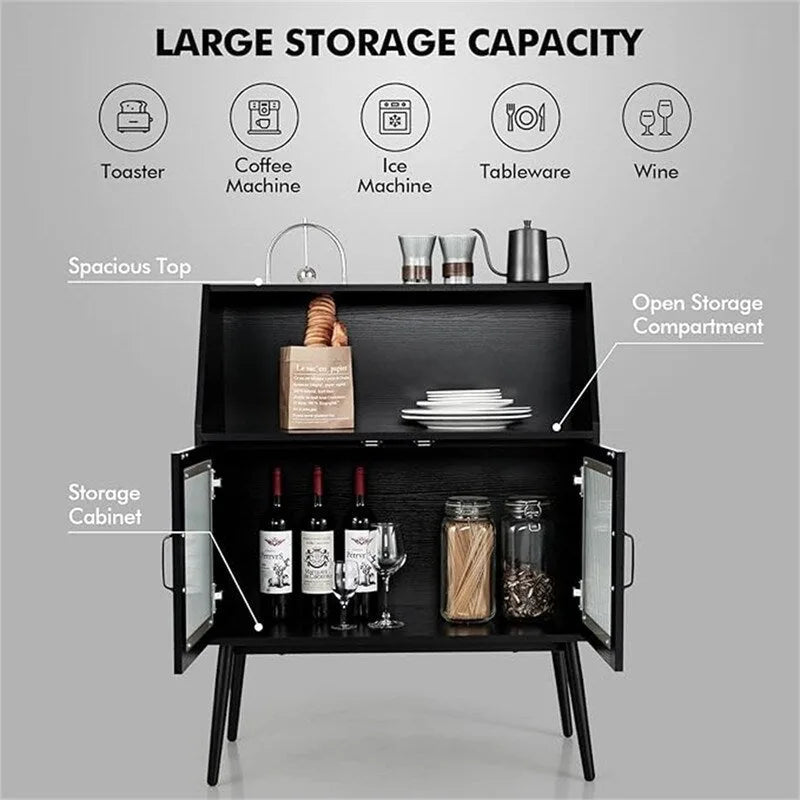 Buffet Bahut Moderne du Milieu du Siècle Noir avec Portes en Verre et Étagère Ouverte