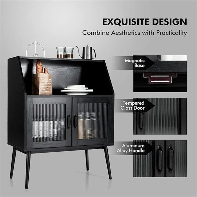 Buffet Bahut Moderne du Milieu du Siècle Noir avec Portes en Verre et Étagère Ouverte