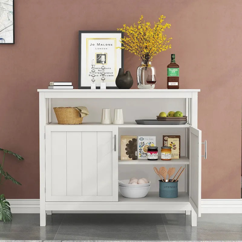 Bahut de rangement en bois avec 2 portes, étagère ouverte, marron foncé, noir, blanc