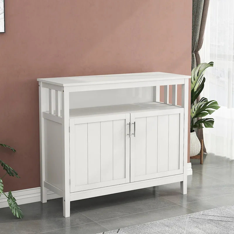 Bahut de rangement en bois avec 2 portes, étagère ouverte, marron foncé, noir, blanc
