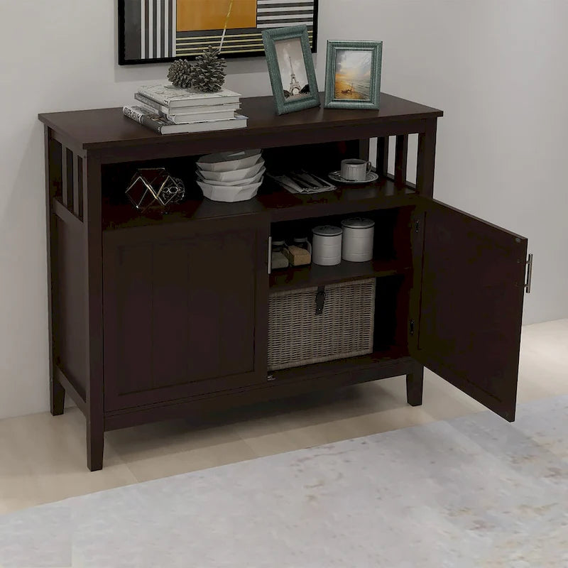 Bahut de rangement en bois avec 2 portes, étagère ouverte, marron foncé, noir, blanc