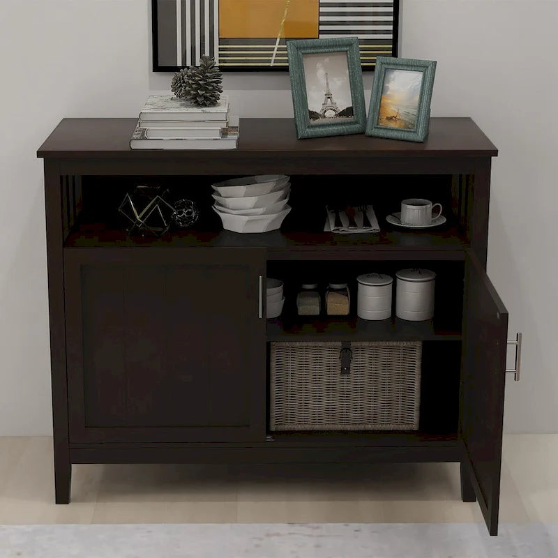 Bahut de rangement en bois avec 2 portes, étagère ouverte, marron foncé, noir, blanc