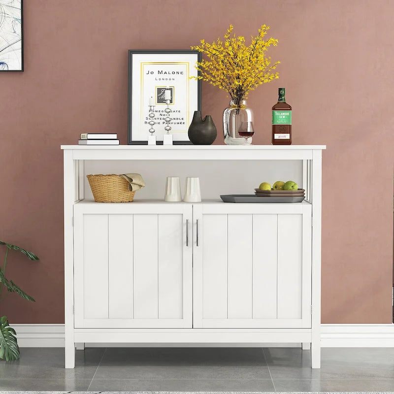 Bahut de rangement en bois avec 2 portes, étagère ouverte, marron foncé, noir, blanc