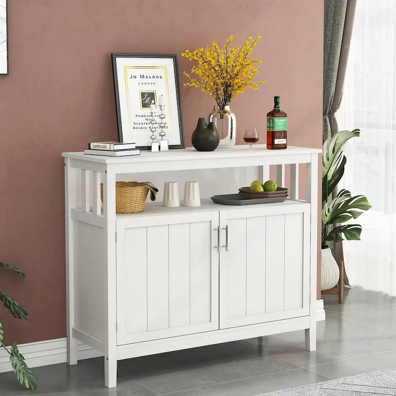 Bahut de rangement en bois avec 2 portes, étagère ouverte, marron foncé, noir, blanc