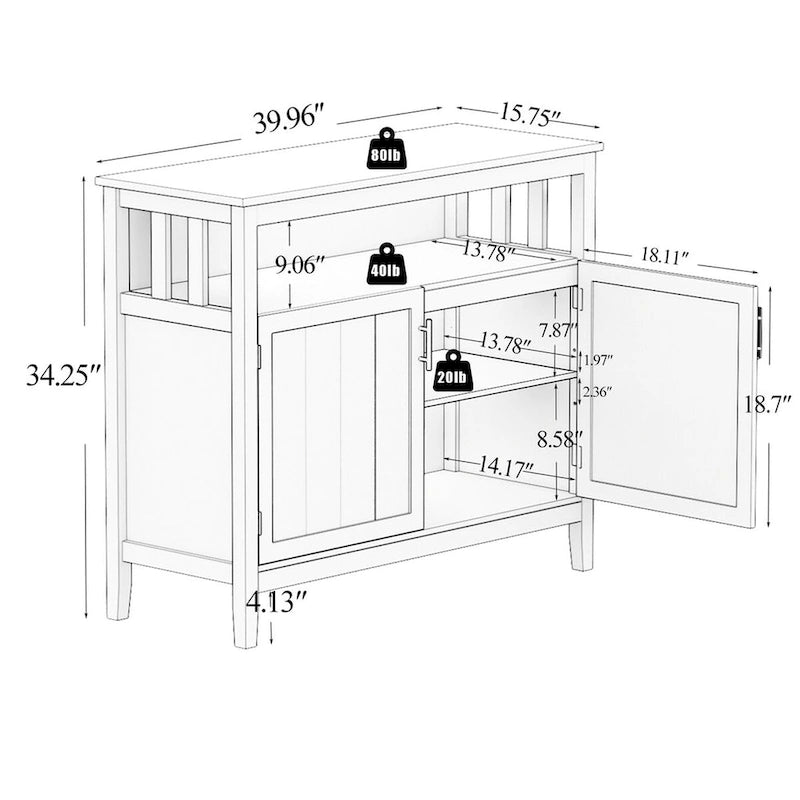 Bahut de rangement en bois avec 2 portes, étagère ouverte, marron foncé, noir, blanc