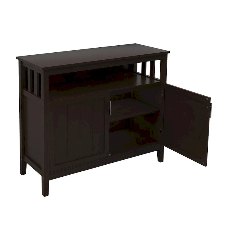 Bahut de rangement en bois avec 2 portes, étagère ouverte, marron foncé, noir, blanc