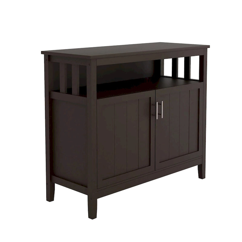Bahut de rangement en bois avec 2 portes, étagère ouverte, marron foncé, noir, blanc