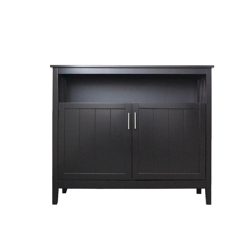 Bahut de rangement en bois avec 2 portes, étagère ouverte, marron foncé, noir, blanc