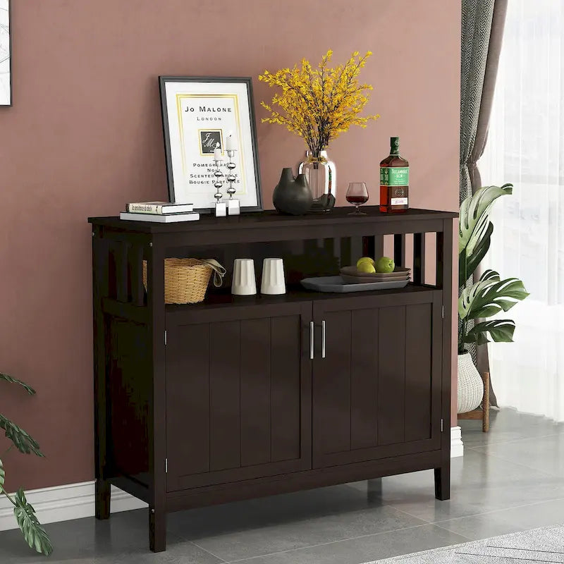 Bahut de rangement en bois avec 2 portes, étagère ouverte, marron foncé, noir, blanc