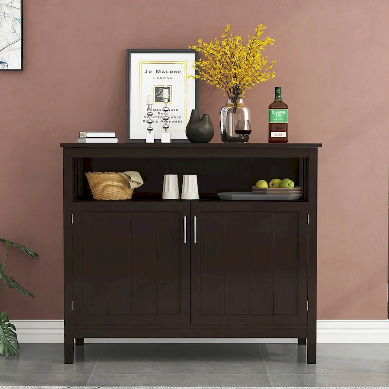 Bahut de rangement en bois avec 2 portes, étagère ouverte, marron foncé, noir, blanc