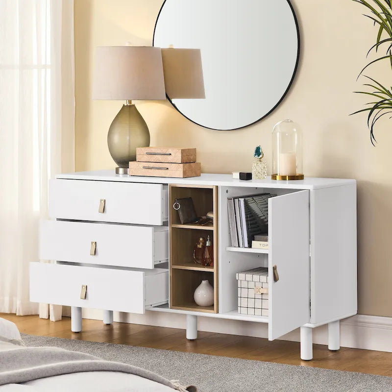 Meuble de rangement 3 tiroirs avec portes et étagères ouvertes, blanc