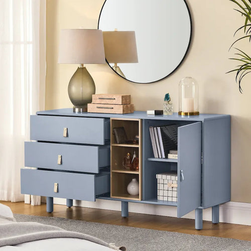Meuble de rangement 3 tiroirs avec portes et étagères ouvertes, blanc