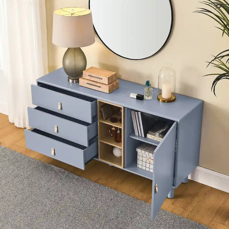 Meuble de rangement 3 tiroirs avec portes et étagères ouvertes, blanc