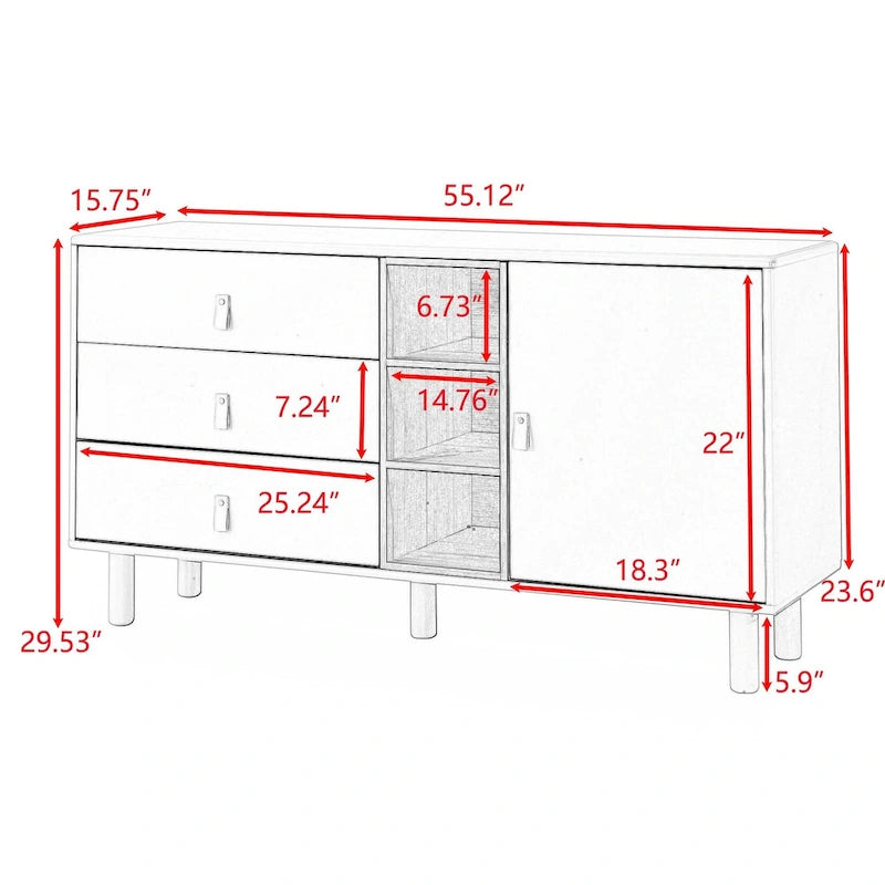 Meuble de rangement 3 tiroirs avec portes et étagères ouvertes, blanc