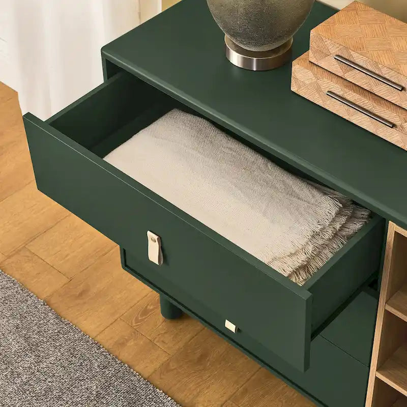 Meuble de rangement 3 tiroirs avec portes et étagères ouvertes, blanc