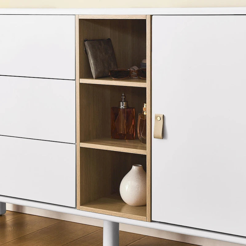 Meuble de rangement 3 tiroirs avec portes et étagères ouvertes, blanc