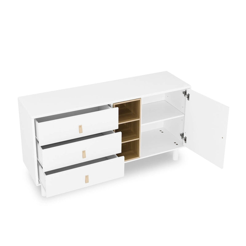 Meuble de rangement 3 tiroirs avec portes et étagères ouvertes, blanc