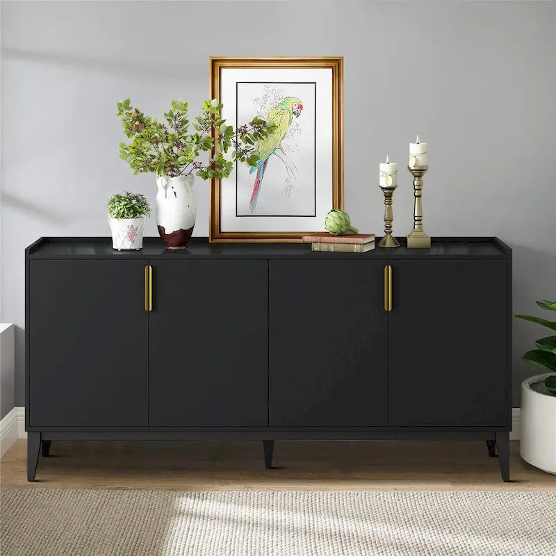 Buffet de 160 cm en bois avec poignées dorées et pieds en bois d'hévéa