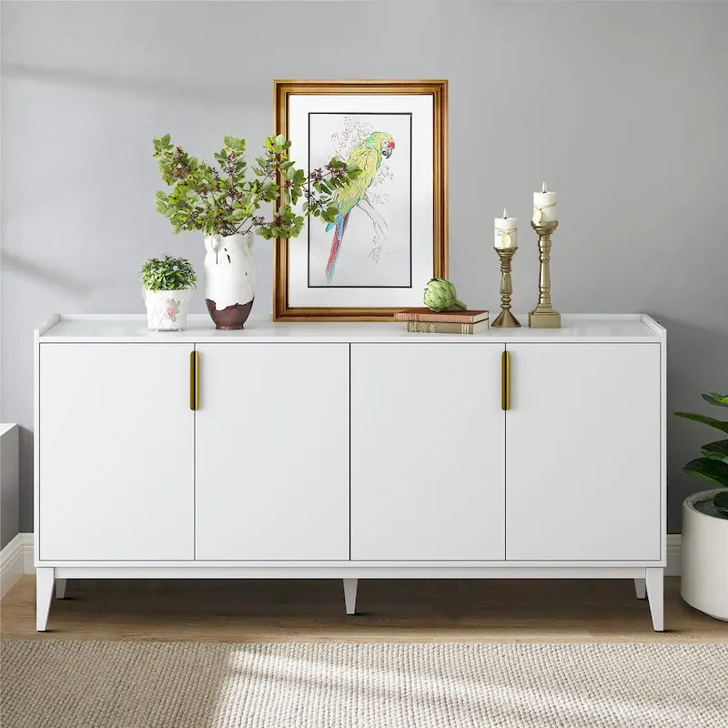 Buffet de 160 cm en bois avec poignées dorées et pieds en bois d'hévéa